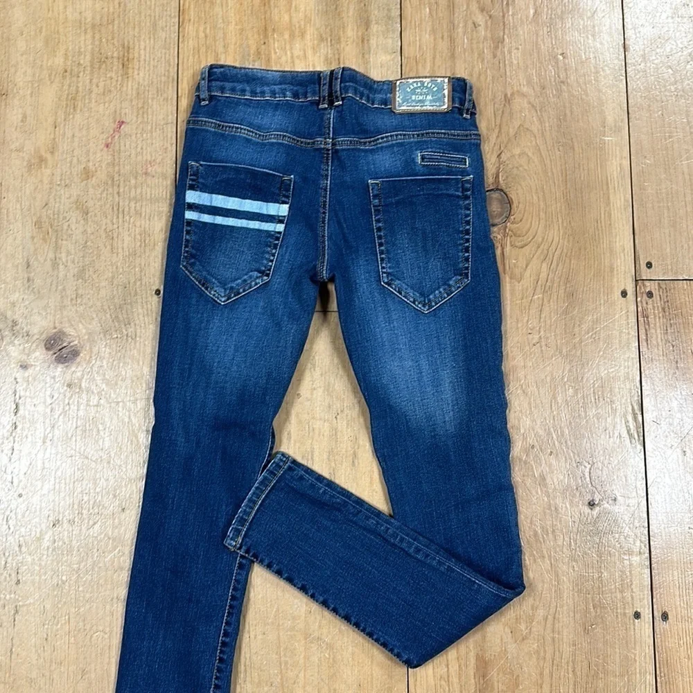 Zara Boys Straight Fit Denim Jeans, light blue trims, skeleton logo,  13-14